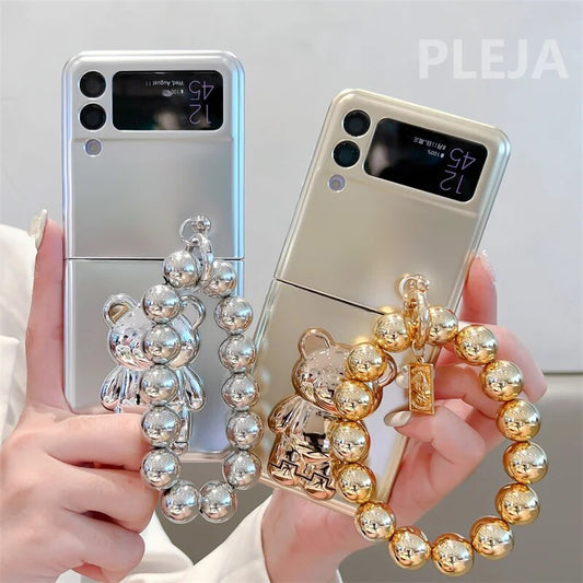 Luxury Plating Bear Stand Cover with Chain- Samsung Flip Case