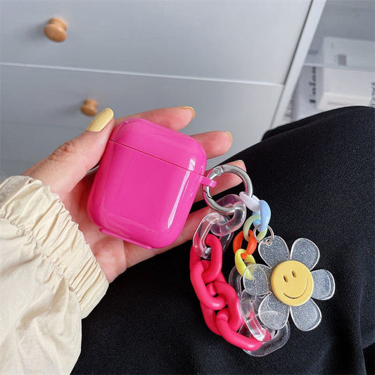 Hot Pink Smiley Floral Chain Airpod Case