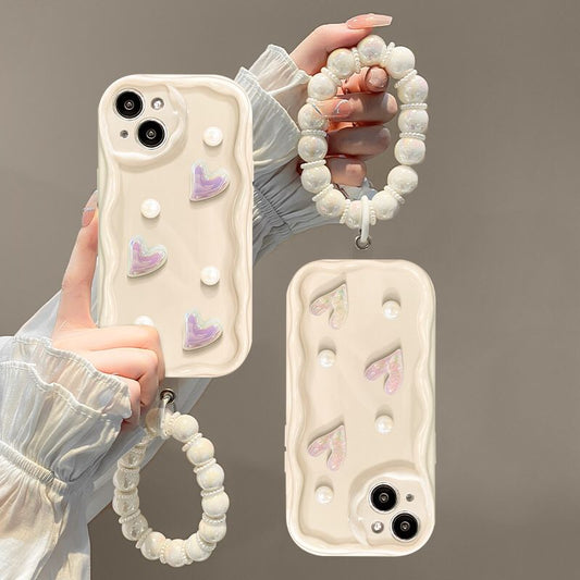 Milky White 3D Pearl and Heart iPhone Case with Charm